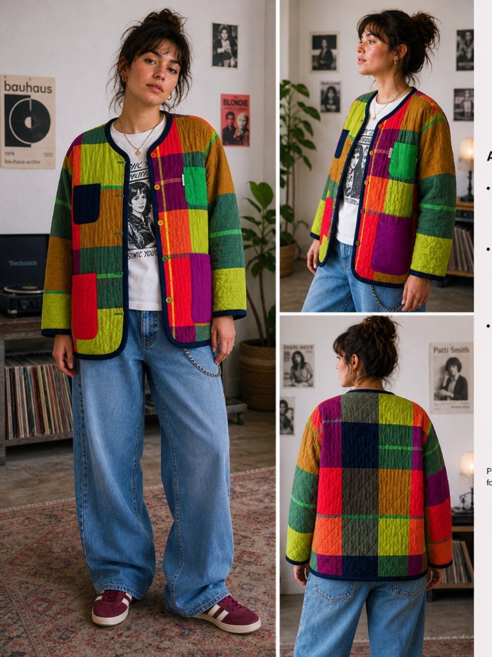 Vintage Benetton Rainbow Patchwork Quilted Colorblock Plaid Liner Jacket M/L - Picture 13 of 13
